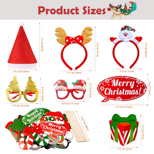 52 Pcs Christmas Photo Booth Props Kit, 20Pcs Glitter Eyeglasses Frame Hats Hairhoop and 32Pcs DIY Selfie Pose Signs for X...