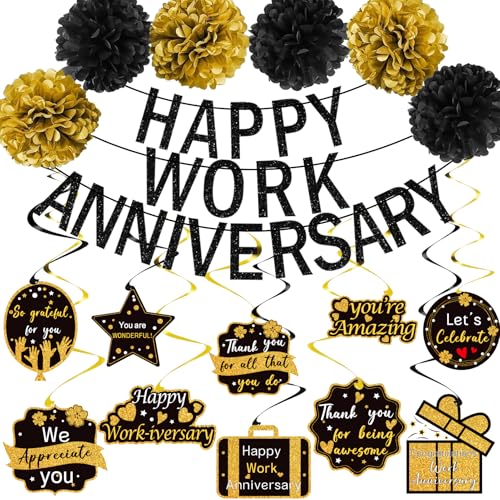 Tintisfafa Happy Work Anniversary Decorations Black Gold, Happy Anniversary Banner for Employee, Work Anniversary Workiver...