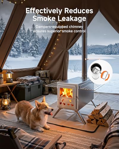 Hot Tent Wood Stove, Portable Camping Wood Burning Stove with 8 Stainless Chimney Pipes, Folding Wood Stove for Tent, Outd...