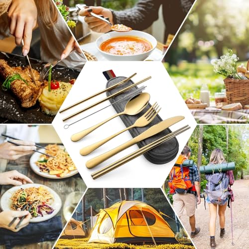 Stainless Steel Silverware Set, 7-Piece Travel Essentials with Carrying Case, Portable Cutlery for Adults, Reusable Utensi...