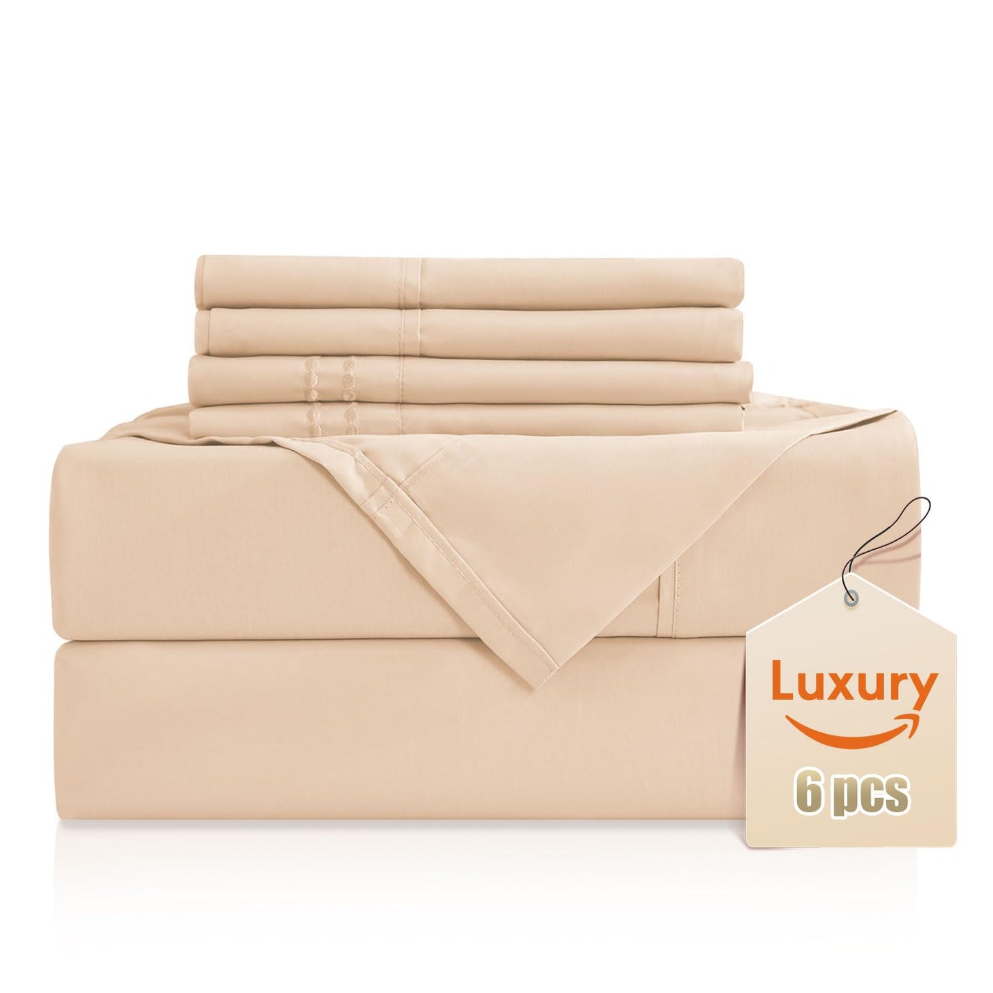 Luxury Silky Soft Bed Sheet Set, 6 Piece,Queen Size, Fits 16 inch Deep Pocket Mattresses, Wrinkle Free & Breathable Cooling, Champagne gold Bedding Sheets (Fitted Sheet, Flat Sheet, Pillowcases)