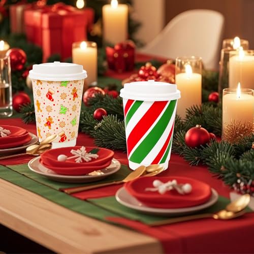 FULJOOY 100 Sets Snowflake Gingerbread Man Christmas Tree Candy Disposable Coffee Cups with Dome Straws Sleeves 12 oz Pape...