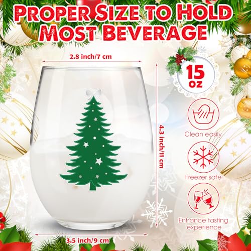 Umigy 8 Pcs Christmas Wine Glasses Green Tree Xmas Stemless Wine Glass 15 oz Winter Green Christmas Tree Glasses for Party...