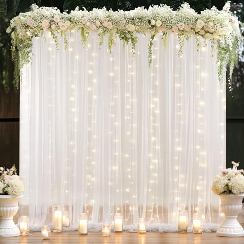 10×8ft White Tulle Curtain Backdrop with Lights String for Parites, Sheer Backdrop Curtain Drapes for Wedding Photo Baby S...