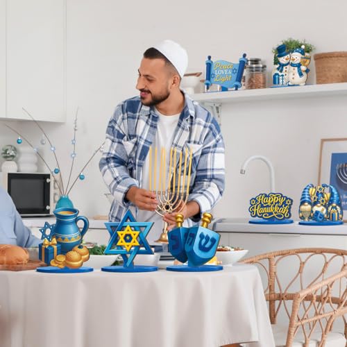 Realspring 12 Pcs Hanukkah Table Centerpieces Decor Chanukah Menorah Wooden Signs Star of David Table Topper Decor Hanukka...