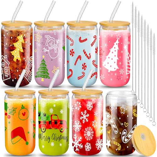 Umigy 8 Pack Christmas Glass Cups 16 oz Christmas Drinking Glasses Bulk with Lids and Straws Xmas Tumbler Drinking Glasses...