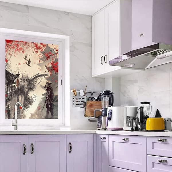 Vintage Japanese Samurai Air Window Film Watercolor Ink Ancient Cherry Blossom Red Sunblackout Window Film,Playroom Window Film 35.4Wx78.7L-Inch X1Pcs
