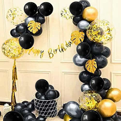 Black Gold Confetti Balloons 50 Pack 12 inch Black and Gold Metallic Latex Balloons with 1 Rolls of Ribbon for Birthday Gr...