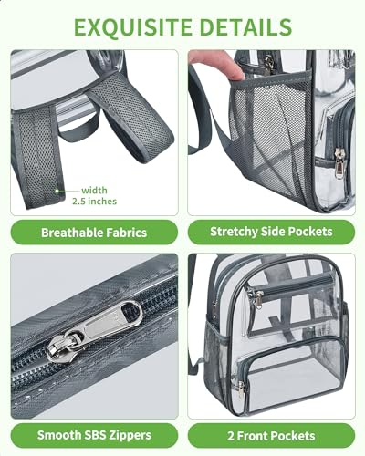 MAY TREE Clear Backpack Stadium Approved for Women and Men, Clear Bag for Stadium Events Concert Sporting Festival, Grey