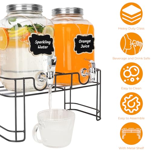 Waymind 1 Gallon Glass Drink Dispensers, 2 Pack Clear Beverage Dispenser with Stand and Spigot for Parties, Drink Dispense...
