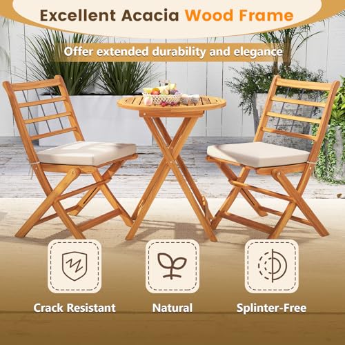 Tangkula 3 Piece Patio Wood Bistro Set, Folding Table Chair Set w/Soft Seat Cushions, Acacia Wood Frame, High-Back Portabl...