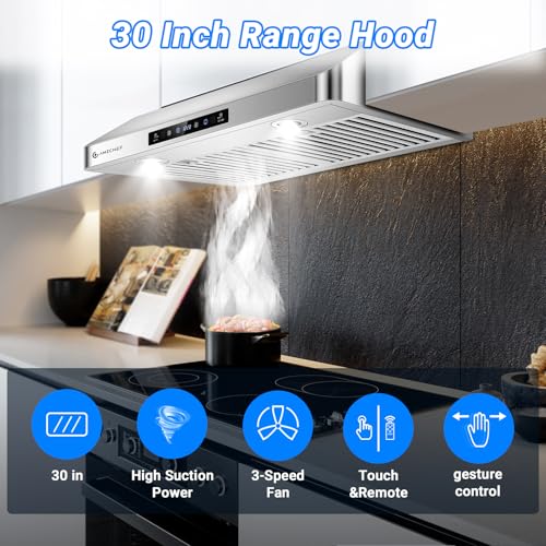 AMZCHEF Under Cabinet Range Hood 30 Inch, 750CFM Stainless Steel Kitchen Stove Vent Hood 3 Speed Exhaust Fan Touch/Remote/...