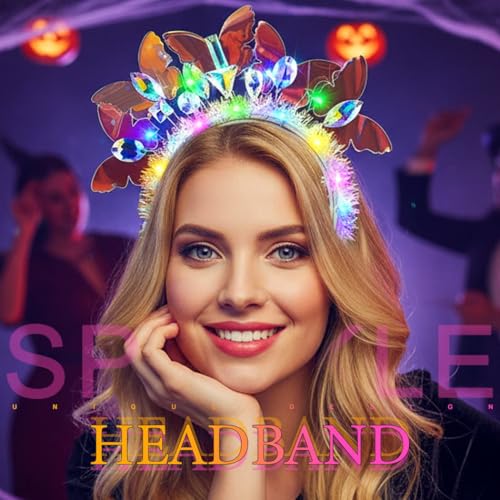 JEAIRTS Light Up Butterfly Headband Sparkly Rhinestone Headpiece Led Crystal Rave Costume Headwear for Women
