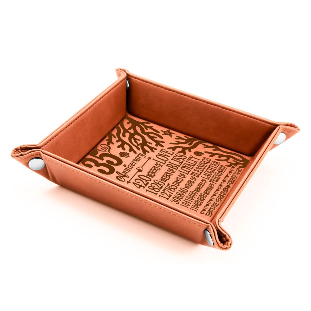 KATE POSH 35 Years of Marriage Engraved Leather Catchall Valet Tray, Our 35th Wedding Anniversary, 35 Years as Husband & Wife, Gifts for Her, for Him, for Couples, Coral Anniversary Design (Rawhide)