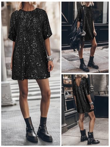 MIYIEONZ Women's Crew Neck Sequin Dress for Women Sexy V Neck Shirt Dress Sparkly Half Sleeve Loose Party Club Cocktail Dress