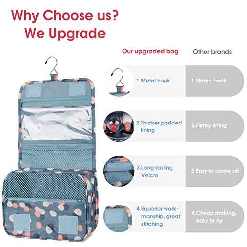Narwey Hanging Toiletry Bag for Women Travel Makeup Bag Organizer Toiletries Bag for Travel Size Cosmetics Essentials Accessories (Blue Flower)