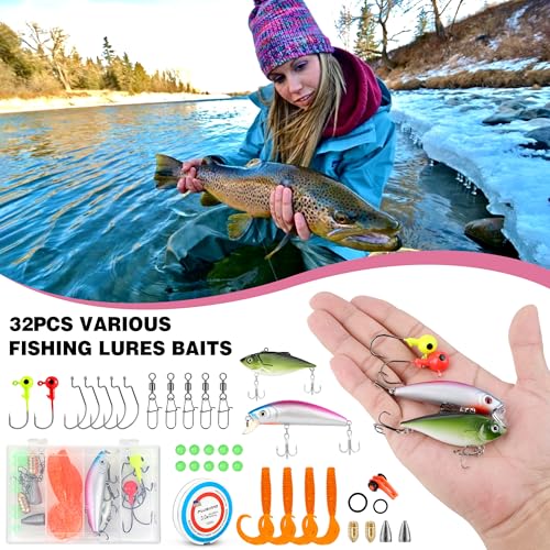 Fishing Rod and Reel Combos, Fishing Gear Gifts for Women with Spinning Reel, Lures, Line, Pink Ladies Telescopic Pole Kit...