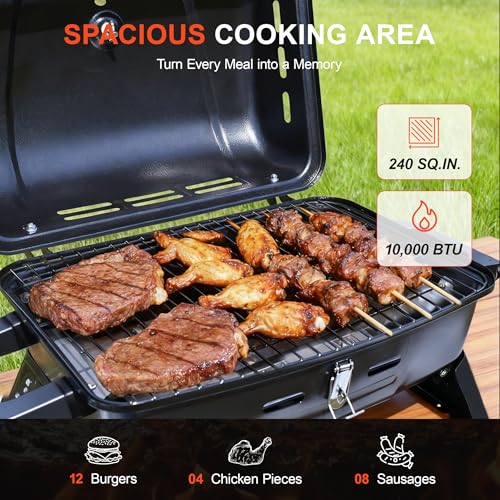 BrandMan Portable Propane Gas Grill, 1-Burner Tabletop Compact BBQ Grill with Folding Legs and Lockable Lid for Camping, T...