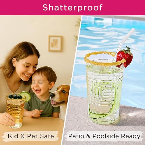 Kate Aspen Clear Plaid Acrylic Glasses Drinkware, Plastic Drinking Glasses Set of 8, 22 oz, Tumblers & Water Glasses Dishw...