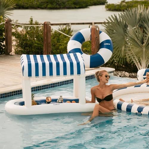 FUNBOY Giant Floating Navy Cabana Stripe Drink Station, Removable Fabric Shade with Fringe, Perfect for Parties, Table-Top...