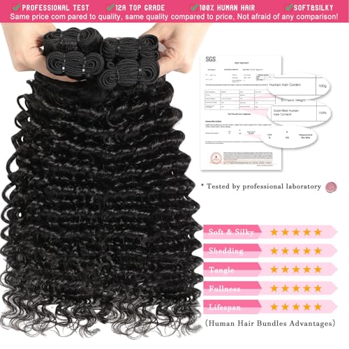 Deep Wave Human Hair Bundles 12A Brazilian Deep Curly 3 Bundles for Black Women 18 20 22 Inch 100% Unprocessed Wet and Wavy Bundle Human Hair