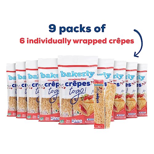 bakerly Strawberry Filled Crepes to go! Non GMO, Free from Artificial Flavors & Colors, Pack of 9, 6-Count (54 Total Crepes)