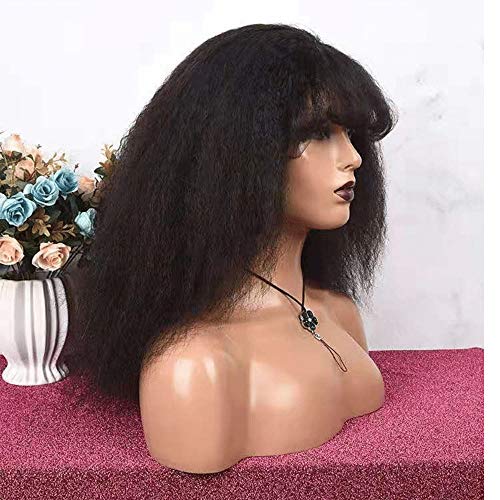 Kinky Blow Out Wig With Bangs Human Hair None Lace Front Wig Glueless Kinky Straight Scalp Top Wig Full Machine Made Brazilian Remy Hair 150 Density Natural Color 12 inch