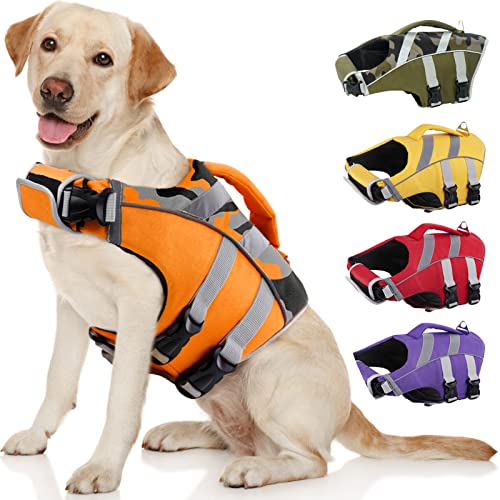 Kuoser High Visibility Dog Life Jacket with Reflective Stripes, Adjustable Ripstop Pet Life Preserver Swimsuit for Small, ...