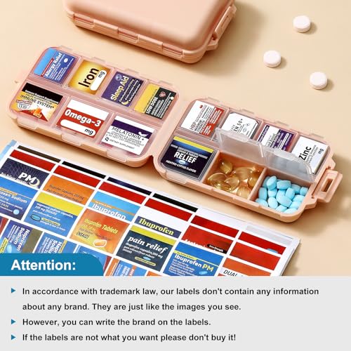 3 Pack 14 Grids Travel Pill Organizer Box with 415-Pcs Medicine Name Labels - Pocket Daily Pharmacy Case Container Kit - T...