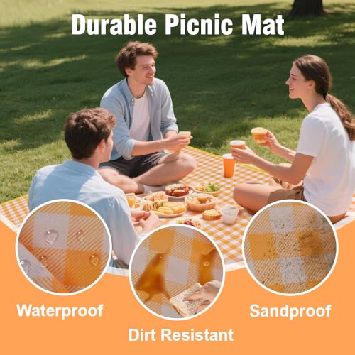 JEPELUS Outdoor Picnic Blanket Waterproof, 79 x 79 Inch Large Picnic Mat Oxford Fabric, Gingham Foldable Beach Blankets Ma...