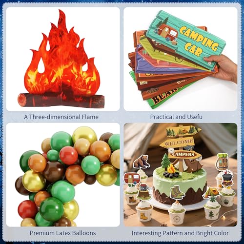 105 PCS Camping Birthday Party Decorations Kit with 3D Campfire & Forest Backdrop - Reusable Camp Theme Decor for Baby Sho...