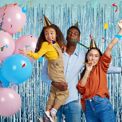 Blue Streamers Party Decorations 3.3x8.2ft 2 Pack Light Blue Tinsel Foil Fringe Curtain Backdrop Ocean Themed Party Decor ...