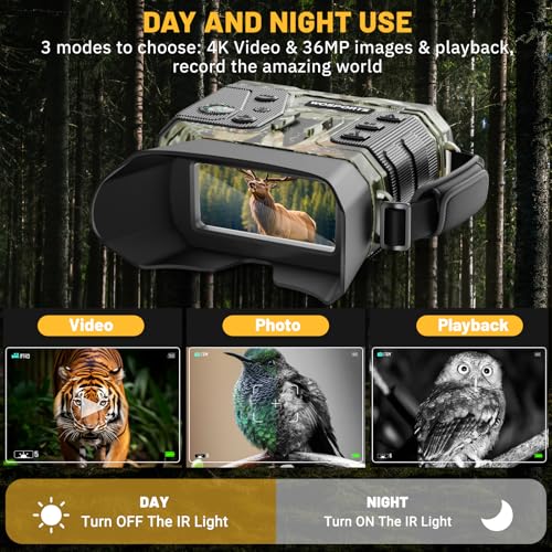 WOSPORTS 4K Night Vision Goggles with 36MP Photo, 1300FT Range, Built-in Flashlight & Compass, 5000mAh Battery, Supports 2...