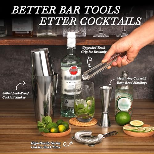 Boston Cocktail Shaker Set with Stand, 20-Piece Complete Bartender Kit for Home Bar Use, Essential Bar Set with 18oz & 28o...