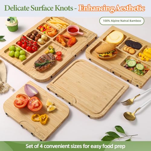 4-PCS Bamboo Cutting Board Set with Innovative Stand - Durable Double Sided Wooden Cutting Board with Juice Groove & Handl...