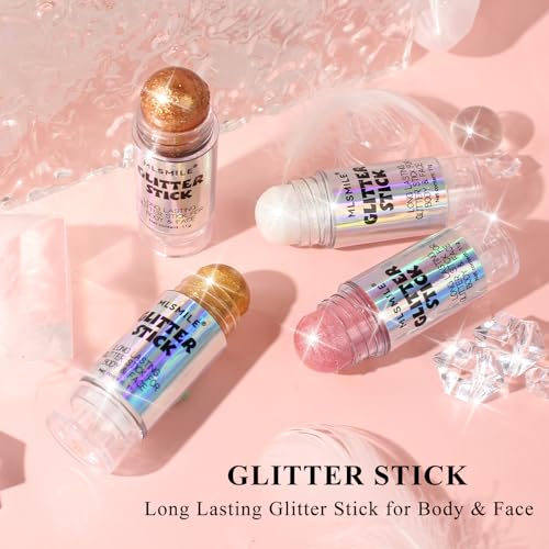 White Body Glitter Stick, Multi-Use Roll-on Face Body Glitter for Women & Kids, Long Lasting Shimmer, Travel Size Sparklin...