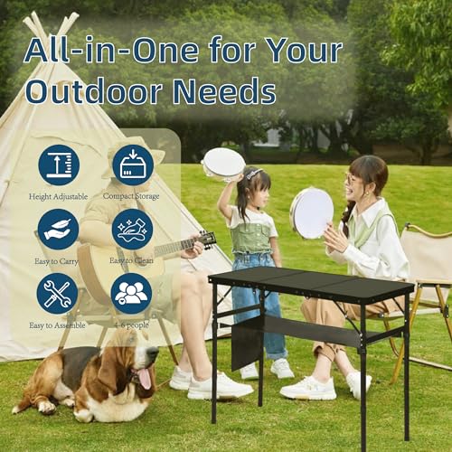 LOFTEY Folding Camping Table with 3 Adjustable Height, 3ft Foldable Aluminum Camp Table, Lightweight with Storage Bag, Por...