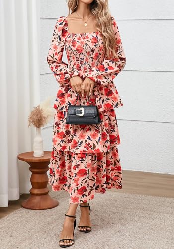 BTFBM Spring Dresses for Women 2026 Floral Long Sleeve Smocked Square Neck Ruffle Tiered Flowy Party Wedding Guest Dress