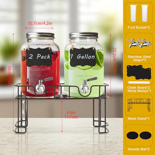 Ltzmcmy 1 Gallon Glass Drink Dispensers for Parties,2 Pack Beverage Dispenser with Stand and Stainless Steel Spigot,Glass ...
