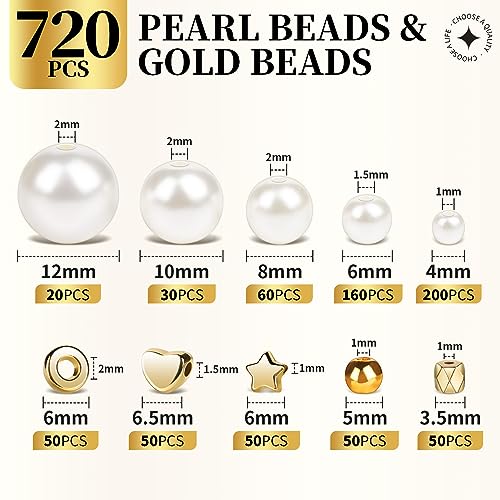 LEOBRO Pearl Beads for Bracelets, 720PCS Bracelet Making Kit for Adult, Bracelet Bead Kits, Small Pearl Beads and Gold Bea...