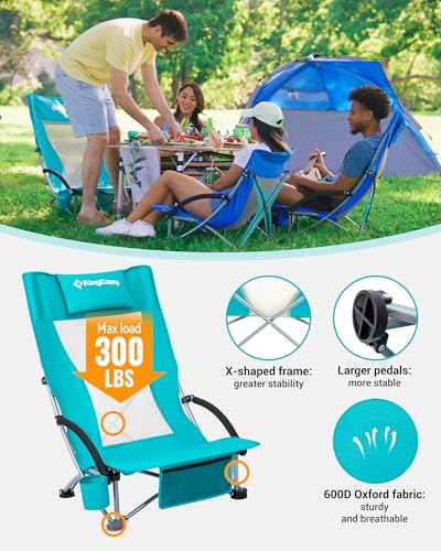KingCamp Low Beach Chairs, Folding Portable Chair for Adults Lightweight Extra Wide Seat 300lbs Heavy Duty Oversized Backp...