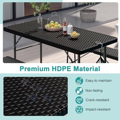 VECELO 3 Piece Folding Picnic Table with 2 Benches, 47.2" Faux Rattan Patio Set with Mesh Bag, Heat-Resistant & Waterproo...