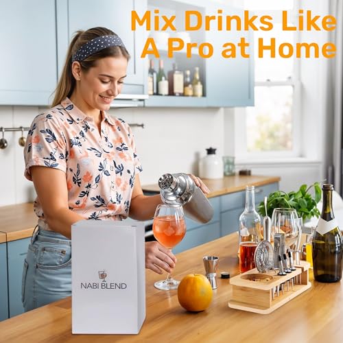 16 Piece Bartender Kit with Bamboo Stand | Cocktail Shaker Set Essential Bar Tools Wine Shaker Ice Filter Mixing Spoon Jig...