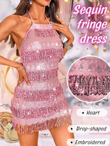 Kaei&Shi Fringe Sparkly Dresses,Heart Halter Sequin Mini Dress,Backless Birthday Dance Disco Outfits for Women