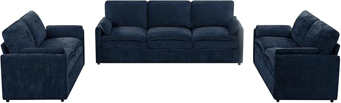 ACMEASE 3 Pieces Chenille Sofa Set w/Arm Pillows, Upholstered 2 Pieces Loveseat & 3 Seater Sofa w/Comfortable Back Cushions, Modern 2-Seat & 3-Seat w/High-Density Foam for Living Room, Blue