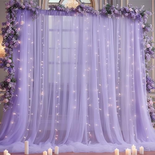 10x8ft Purple Tulle Backdrop Curtain with Lights String for Parites, Sheer Backdrop Curtains for Wedding Baby Shower Birth...