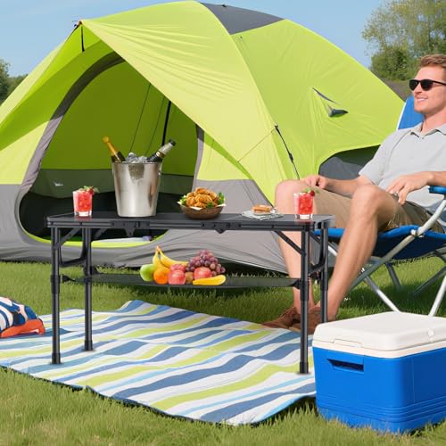 Anbte Folding Camping Table with Storage Net, 3ft Camping Table Aluminum Folding Table with 3 Adjustable Height Max 27.5 I...