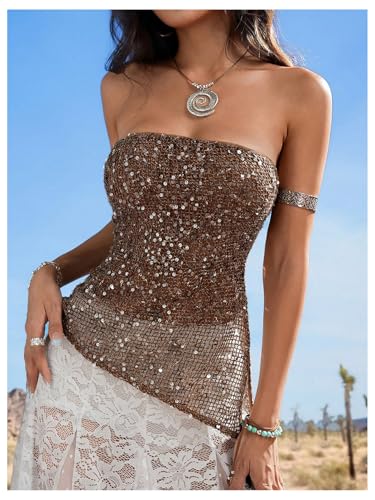 WDIRARA Women's Sparkle Sequin Tube Top Strapless Asymmetrical Bandeau Tops Party Rave Clubwear