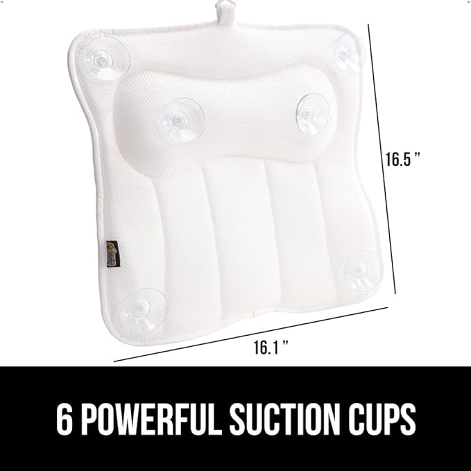 GORILLA GRIP Bath Pillow for Tub with Powerful Suction Cups, Headrest Pillows for Neck and Back Support, Machine Wash, Bathtub and Hot Tub Accessories, Relaxing Spa Gift Essentials for Women, White