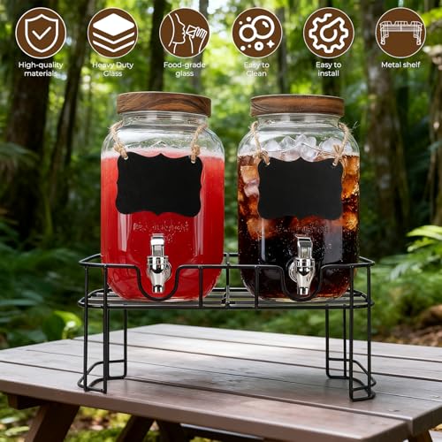 1 Gallon Drink Dispenser with Stand,2 Pcs Clear Glass Beverage Dispenser with Spigot, 2 pcs Wood Lid and Wooden Hangtags f...